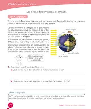 Módulo 2 / Los movimientos de la Tierra

Los efectos del movimiento de rotación
Lee y responde
Como ya sabes, la Tierra gira en torno a su propio eje constantemente. Pero ¿tendrá algún efecto el movimiento
de rotación del planeta? Sí, el principal efecto es el día y la noche.
Con este movimiento la Tierra gira, por lo que una zona
del planeta queda iluminada por los rayos de luz del Sol,
mientras que la otra zona queda sin luz. Cuando una zona
está iluminada se dice que es de día y cuando la luz del
Sol no la ilumina, es de noche.

Sentido de giro
Día

E
O Noche

El movimiento de rotación dura 24 horas; en general,	
12 horas corresponden al día y las 12 restantes, a la noche.
Esto ocurre así cerca de la línea del ecuador, donde el día
y la noche tienen aproximadamente la misma duración.	
A medida que nos alejamos de la línea del ecuador, la
duración del día y de la noche varía según la estación del año.
El tiempo de duración
del día y de la noche
es aproximado.

línea del ecuador
Eje de rotación

1.	 Responde de acuerdo con lo que leíste. Inferir
a.	 ¿Qué ocurriría con el día y la noche si la Tierra no rotara sobre su eje?

b.	 ¿Qué ocurriría con el día y la noche si la rotacion de la Tierra durara 12 horas?

Para saber más
La Tierra tiene una forma geoide, es decir, en los polos es achatada y en la línea del ecuador el planeta se
ensancha. El movimiento de rotación contribuye a que la Tierra tenga esta forma.

168

Unidad 5 / Ciencias de la Tierra y el Universo

 
