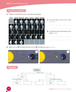 Módulo 3 / Eventos del Sistema Solar

Practica y resuelve
1.	 Observa el calendario lunar y responde las preguntas.
a.	 ¿En qué días la Luna no se verá?
Identificar

b.	 ¿Cuándo se verá nuevamente la Luna
llena? Predecir

2.	 Marca con un

el eclipse de Sol y con un

el eclipse de Luna. Identificar

Sintetiza
Eclipses
pueden ser de

Luna
se distinguen dos tipos:

Total

182

se distinguen tres tipos:

Total

Unidad 5 / Ciencias de la Tierra y el Universo

 