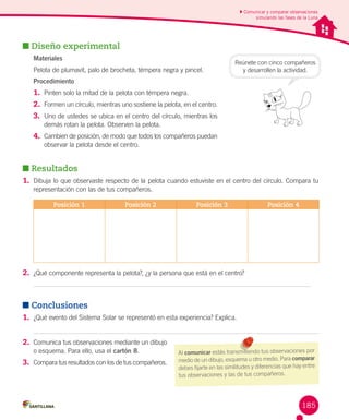 Comunicar y comparar observaciones
simulando las fases de la Luna

Diseño experimental
Materiales
Pelota de plumavit, palo de brocheta, témpera negra y pincel.

Reúnete con cinco compañeros
y desarrollen la actividad.

Procedimiento

1.	 Pinten solo la mitad de la pelota con témpera negra.
2.	 Formen un círculo, mientras uno sostiene la pelota, en el centro.
3.	 Uno de ustedes se ubica en el centro del círculo, mientras los
demás rotan la pelota. Observen la pelota.

4.	 Cambien de posición, de modo que todos los compañeros puedan
observar la pelota desde el centro.

Resultados
1.	 Dibuja lo que observaste respecto de la pelota cuando estuviste en el centro del círculo. Compara tu
representación con las de tus compañeros.
Posición 1

Posición 2

Posición 3

Posición 4

2.	 ¿Qué componente representa la pelota?, ¿y la persona que está en el centro?

Conclusiones
1.	 ¿Qué evento del Sistema Solar se representó en esta experiencia? Explica.
2.	 Comunica tus observaciones mediante un dibujo
o esquema. Para ello, usa el cartón 8.

3.	 Compara tus resultados con los de tus compañeros.

Al comunicar estás transmitiendo tus observaciones por
medio de un dibujo, esquema u otro medio. Para comparar
debes fijarte en las similitudes y diferencias que hay entre
tus observaciones y las de tus compañeros.

185

 