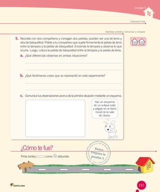 Unidad 5

Evaluación final

Habilidad científica: Comunicar y comparar

5. Reúnete con dos compañeros y consigan dos pelotas; pueden ser una de tenis y
otra de básquetbol. Pídele a tu compañero que sujete firmemente la pelota de tenis
entre la lámpara y la pelota de básquetbol. Enciende la lámpara y observa lo que
ocurre. Luego, coloca la pelota de básquetbol entre la lámpara y la pelota de tenis.

a. ¿Qué diferencias observas en ambas situaciones?

b. ¿Qué fenómenos crees que se representó en este experimento?

c. Comunica tus observaciones acerca de la primera situación mediante un esquema.
Haz un esquema
de un eclipse solar
y pégalo en el diario
mural de la sala 	
de clases.

¿Cómo te fue?
Pinta tantos

como

obtuviste.

Busca
Prepar
a la
prueb
a5

191

 