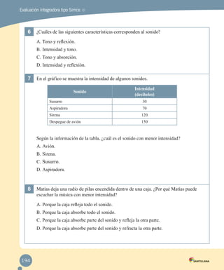 Evaluación integradora tipo Simce

MR

6	 ¿Cuáles de las siguientes características corresponden al sonido?
A.	Tono y reflexión.
B.	Intensidad y tono.
C.	Tono y absorción.
D.	Intensidad y reflexión.

7	 En el gráfico se muestra la intensidad de algunos sonidos.
Sonido

Intensidad
(decibeles)

Susurro

30

Aspiradora

70

Sirena

120

Despegue de avión

150

Según la información de la tabla, ¿cuál es el sonido con menor intensidad?
A.	Avión.
B.	Sirena.
C.	 Susurro.
D.	Aspiradora.

8	 Matías deja una radio de pilas encendida dentro de una caja. ¿Por qué Matías puede
escuchar la música con menor intensidad?
A.	Porque la caja refleja todo el sonido.
B.	Porque la caja absorbe todo el sonido.
C.	Porque la caja absorbe parte del sonido y refleja la otra parte.
D.	Porque la caja absorbe parte del sonido y refracta la otra parte.

194

 