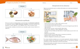 Prepara la prueba 3 • Síntesis

Nombre:

Manipulación de los alimentos

Alimentos

Origen vegetal

Curso:

Origen animal

Algunas recomendaciones para no contraer enfermedades por la inadecuada manipulación
de alimentos son:

Alimentación equilibrada
Para que el cuerpo se mantenga sano, es necesario llevar una alimentación equilibrada.
Es conveniente mantener hábitos alimenticios saludables consumiendo alimentos que
beneficien a nuestro organismo, como vegetales, frutas, carnes sin grasas y leche.
Comer grandes cantidades de alimentos poco saludables puede ocasionar daños en tu
organismo.

Alimentos

Saludables

Poco saludables

–	 Siempre lava tus manos con agua y jabón antes de comer.
–	 Lava muy bien las frutas antes de comerlas.
–	 Lava las verduras bajo el chorro de agua; en el caso de las lechugas hay que botar las
hojas exteriores.
–	 Antes de pelar una fruta o verdura también debes lavarla.
–	 Al lavar frutas y verduras no utilices detergentes, solo agua.
–	 Hay frutas como las frutillas que debes lavar con mayor cuidado, ya que crecen a ras
de suelo.
–	 Mantener la cocina limpia.
–	 No tener animales cerca del lugar donde se manipulan los alimentos.
–	 Mantener frutas y verduras en buen estado.
–	 Mantener refrigerados los alimentos que lo requieran.
No compres alimentos enlatados que se encuentren golpeados, alimentos envasados
que tengan el plástico roto, alimentos que tengan mal olor o un color distinto al habitual
y alimentos que hayan sobrepasado su fecha de vencimiento.
Algunas enfermedades que puedes contraer por la inadecuada manipulación de alimentos
son gastroenteritis, cólera y tifus.
Casa del Saber

 