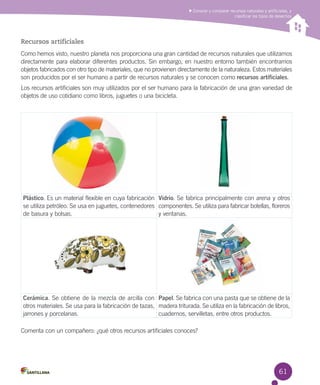 Conocer y comparar recursos naturales y artificiales, y
clasificar los tipos de desechos

Recursos artificiales
Como hemos visto, nuestro planeta nos proporciona una gran cantidad de recursos naturales que utilizamos
directamente para elaborar diferentes productos. Sin embargo, en nuestro entorno también encontramos
objetos fabricados con otro tipo de materiales, que no provienen directamente de la naturaleza. Estos materiales
son producidos por el ser humano a partir de recursos naturales y se conocen como recursos artificiales.
Los recursos artificiales son muy utilizados por el ser humano para la fabricación de una gran variedad de
objetos de uso cotidiano como libros, juguetes o una bicicleta.

Plástico. Es un material flexible en cuya fabricación Vidrio. Se fabrica principalmente con arena y otros
se utiliza petróleo. Se usa en juguetes, contenedores componentes. Se utiliza para fabricar botellas, floreros
de basura y bolsas.
y ventanas.

Cerámica. Se obtiene de la mezcla de arcilla con Papel. Se fabrica con una pasta que se obtiene de la
otros materiales. Se usa para la fabricación de tazas, madera triturada. Se utiliza en la fabricación de libros,
jarrones y porcelanas.
cuadernos, servilletas, entre otros productos.
Comenta con un compañero: ¿qué otros recursos artificiales conoces?

61

 