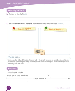 Módulo 1 / Tipos de recursos y desechos

Practica y resuelve
3. ¿Qué son los desechos? Definir

4. Busca el recortable 4 en la página 201 y pega los desechos donde corresponda. Clasificar
Desechos orgánicos

Desechos inorgánicos

¿Sabías que...?
Algunos desechos biodegradables, como las cáscaras de frutas y verduras, pueden ser sometidos a compostaje. Este
es un proceso que disminuye el tiempo de descomposición de esos desechos por la acción de microorganismos,
lombrices y otros seres vivos.

Sintetiza
Los desechos son todos los

.

Estos se pueden clasificar según su
y

 , en
; y según el tiempo de

y

66

, en
.

Unidad 2 / Ciencias de la vida

 