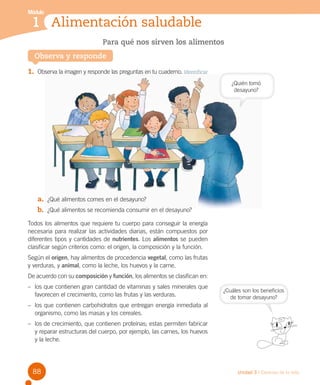Módulo

Alimentación
1 Los cuentos saludable
Para qué nos sirven los alimentos
Observa y responde

1.	 Observa la imagen y responde las preguntas en tu cuaderno. Identificar
¿Quién tomó
desayuno?

a.	 ¿Qué alimentos comes en el desayuno?
b.	 ¿Qué alimentos se recomienda consumir en el desayuno?
Todos los alimentos que requiere tu cuerpo para conseguir la energía
necesaria para realizar las actividades diarias, están compuestos por
diferentes tipos y cantidades de nutrientes. Los alimentos se pueden
clasificar según criterios como: el origen, la composición y la función.
Según el origen, hay alimentos de procedencia vegetal, como las frutas
y verduras, y animal, como la leche, los huevos y la carne.
De acuerdo con su composición y función, los alimentos se clasifican en:
–	 los que contienen gran cantidad de vitaminas y sales minerales que
favorecen el crecimiento, como las frutas y las verduras.

¿Cuáles son los beneficios
de tomar desayuno?

–	 los que contienen carbohidratos que entregan energía inmediata al
organismo, como las masas y los cereales.
–	 los de crecimiento, que contienen proteínas; estas permiten fabricar
y reparar estructuras del cuerpo, por ejemplo, las carnes, los huevos
y la leche.

88

Unidad 3 / Ciencias de la vida

 
