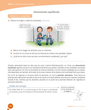 Módulo 1 / Alimentación saludable

Alimentación equilibrada
Observa y responde
1.	 Observa la imagen y realiza las actividades. Identificar
¿Está rico lo que
estás comiendo?

Sí, me encantan
las frutas, verduras
y también la leche.

a.	 Marca en la imagen los alimentos ricos en vitaminas.
b.	 Encierra en un círculo al niño que se alimenta de manera más saludable. Explica.
c.	 ¿Cuál de los niños crees que tiene una alimentación equilibrada?, ¿por qué?

¿Podrías alimentarte todos los días solo de carne o leche? Definitivamente, no. Tener una alimentación
equilibrada significa consumir una variedad de alimentos que aporten nutrientes en las cantidades necesarias
para cada persona. Un niño no necesitará los mismos nutrientes ni en las mismas cantidades que un adulto;
esto dependerá, por ejemplo, de la edad, de la masa corporal, de la estatura y de la actividad física que realiza.
Con el fin de organizar el consumo diario de alimentos, se creó la pirámide alimenticia. Tiene forma de
pirámide para representar que todo lo que se encuentra en la base debería consumirse en mayores cantidades
durante el día, mientras que los alimentos ubicados en la punta de la pirámide deberían ser ingeridos en
porciones pequeñas.

Cuido mi cuerpo
No olvides beber de 5 a 6 vasos de agua al día. El agua es considerada
un nutriente, ya que es vital para el funcionamiento de nuestro cuerpo.

90

Conoce la pirámide
de los alimentos en
el cartón 3.

Unidad 3 / Ciencias de la vida

 