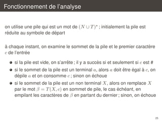 Fonctionnement de l’analyse
on utilise une pile qui est un mot de (N ∪ T ) ; initialement la pile est
´
´
reduite au symbole de depart
`
`
a chaque instant, on examine le sommet de la pile et le premier caractere
´
c de l’entree
ˆ
`
si la pile est vide, on s’arrete ; il y a succes si et seulement si c est #
ˆ
´
`
si le sommet de la pile est un terminal a, alors a doit etre egal a c, on
´
´
depile a et on consomme c ; sinon on echoue
si le sommet de la pile est un non terminal X , alors on remplace X
´ ´
par le mot β = T (X, c) en sommet de pile, le cas echeant, en
`
´
empilant les caracteres de β en partant du dernier ; sinon, on echoue

25

 