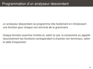 Programmation d’un analyseur descendant

`
un analyseur descendant se programme tres facilement en introduisant
une fonction pour chaque non terminal de la grammaire
´
chaque fonction examine l’entree et, selon le cas, la consomme ou appelle
´
`
recursivement les fonctions correspondant a d’autres non terminaux, selon
la table d’expansion

28

 