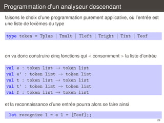 Programmation d’un analyseur descendant
´
faisons le choix d’une programmation purement applicative, ou l’entree est
`
`
une liste de lexemes du type

type token = Tplus | Tmult | Tleft | Tright | Tint | Teof

on va donc construire cinq fonctions qui

val
val
val
val
val

consomment

´
la liste d’entree

e : token list → token list
e’ : token list → token list
t : token list → token list
t’ : token list → token list
f : token list → token list

´
et la reconnaissance d’une entree pourra alors se faire ainsi

let recognize l = e l = [Teof];;
29

 