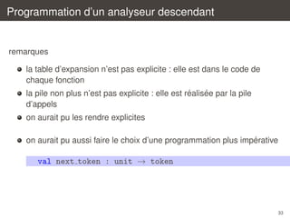Programmation d’un analyseur descendant

remarques
la table d’expansion n’est pas explicite : elle est dans le code de
chaque fonction
´
´
la pile non plus n’est pas explicite : elle est realisee par la pile
d’appels
on aurait pu les rendre explicites
´
on aurait pu aussi faire le choix d’une programmation plus imperative

val next token : unit → token

33

 