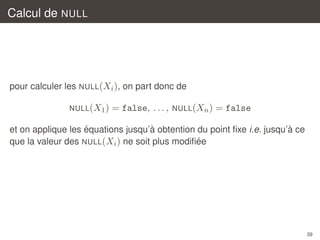 Calcul de NULL

pour calculer les NULL(Xi ), on part donc de
NULL (X1 )

= false, . . . ,

NULL (Xn )

= false

´
`
`
et on applique les equations jusqu’a obtention du point ﬁxe i.e. jusqu’a ce
´
que la valeur des NULL(Xi ) ne soit plus modiﬁee

39

 