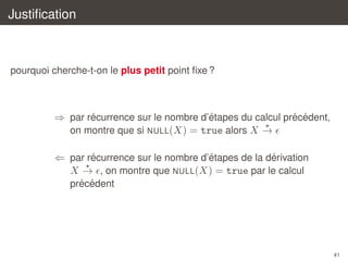 Justiﬁcation

pourquoi cherche-t-on le plus petit point ﬁxe ?

´
´
´ ´
⇒ par recurrence sur le nombre d’etapes du calcul precedent,
on montre que si NULL(X) = true alors X →
´
´
´
⇐ par recurrence sur le nombre d’etapes de la derivation
X → , on montre que NULL(X) = true par le calcul
´ ´
precedent

41

 