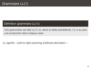 Grammaire LL(1)

´
Deﬁnition (grammaire LL(1))
´ ´
Une grammaire est dite LL(1) si, dans la table precedente, il y a au plus
une production dans chaque case.

LL signiﬁe

Left to right scanning, Leftmost derivation

48

 
