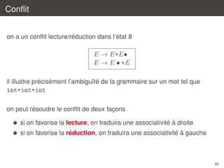 Conﬂit
´
´
on a un conﬂit lecture/reduction dans l’etat 8

E → E+E•
E → E • +E
´ ´
il illustre precisement l’ambigu¨te de la grammaire sur un mot tel que
ı´

int+int+int
´
on peut resoudre le conﬂit de deux facons
¸
´ `
si on favorise la lecture, on traduira une associativite a droite
´ `
´
si on favorise la reduction, on traduira une associativite a gauche

65

 