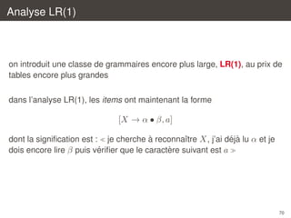 Analyse LR(1)

on introduit une classe de grammaires encore plus large, LR(1), au prix de
tables encore plus grandes
dans l’analyse LR(1), les items ont maintenant la forme

[X → α • β, a]
`
´ `
dont la signiﬁcation est : je cherche a reconnaˆtre X , j’ai deja lu α et je
ı
´
`
dois encore lire β puis veriﬁer que le caractere suivant est a

70

 
