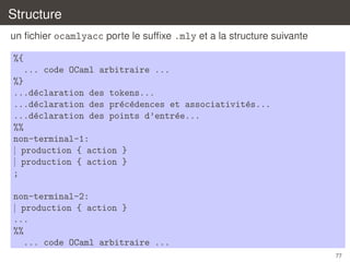 Structure
un ﬁchier ocamlyacc porte le sufﬁxe .mly et a la structure suivante
%{
... code OCaml arbitraire ...
%}
...d´claration des tokens...
e
...d´claration des pr´c´dences et associativit´s...
e
e e
e
...d´claration des points d’entr´e...
e
e
%%
non-terminal-1:
| production { action }
| production { action }
;
non-terminal-2:
| production { action }
...
%%
... code OCaml arbitraire ...
77

 