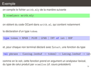 Exemple
`
on compile le ﬁchier arith.mly de la maniere suivante

% ocamlyacc arith.mly
on obtient du code OCaml dans arith.ml, qui contient notamment
´
la declaration d’un type token

type token = RPAR | PLUS | LPAR | INT of int | EOF
´
´
et, pour chaque non terminal declare avec %start, une fonction du type

val phrase : (Lexing.lexbuf → token) → Lexing.lexbuf → int
comme on le voit, cette fonction prend en argument un analyseur lexical,
´ ´
du type de celui produit par ocamllex (cf. cours precedent)
79

 