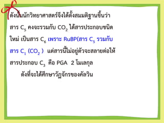 ดังนั้นนักวิทยาศาสตร์จึงได้ตั้งสมมติฐานขึ้นว่า
สาร C5 คงจะรวมกับ CO2 ได้สารประกอบชนิด
ใหม่ เป็นสาร C6 เพราะ RuBP(สาร C5 รวมกับ
สาร C1 (CO2 ) แต่สารนี้ไม่อยู่ตัวจะสลายต่อให้
สารประกอบ C3 คือ PGA 2 โมเลกุล
ดังที่จะได้ศึกษาวัฏจักรของคัลวิน
 