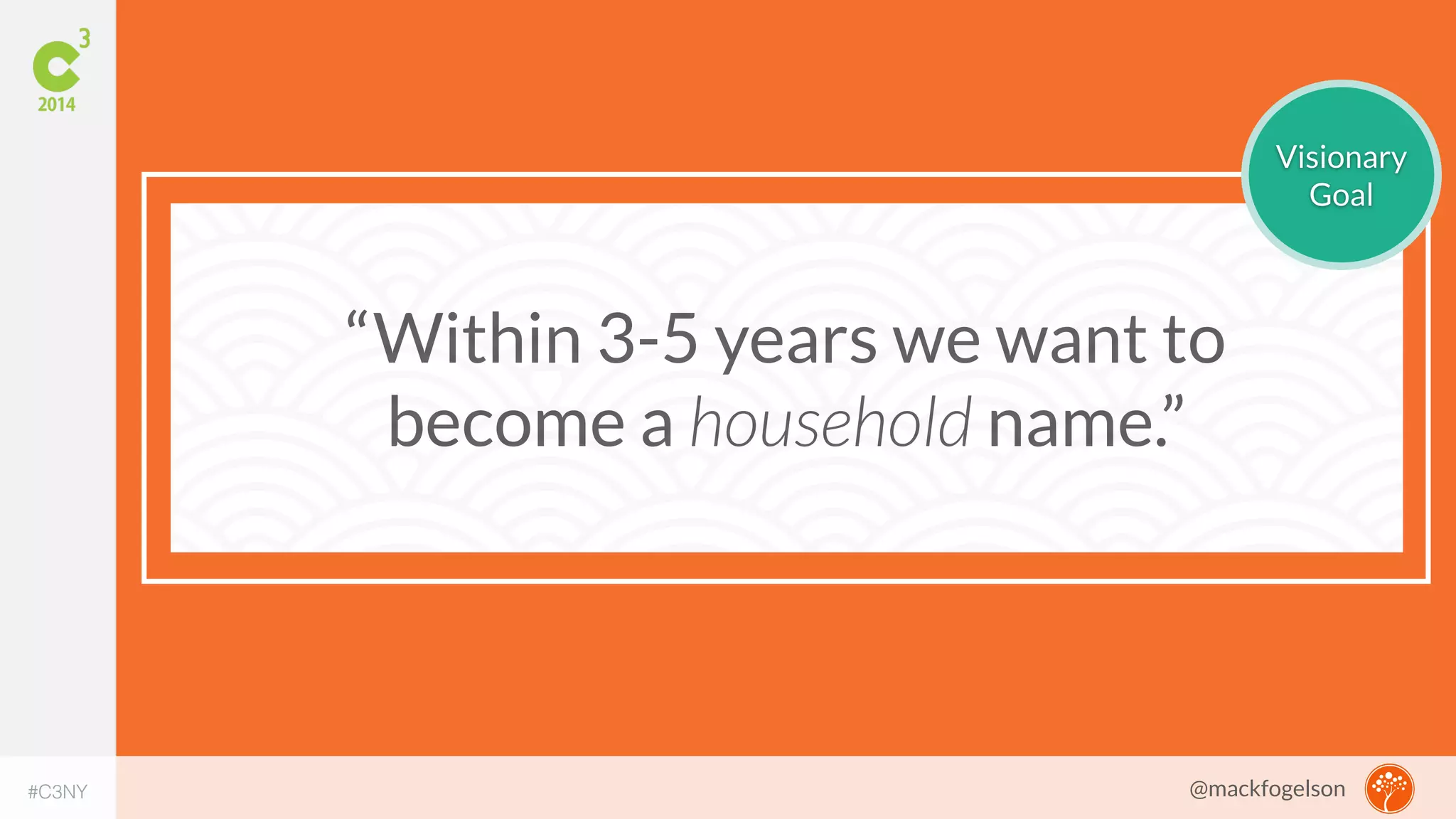 “Within 3-5 years we want to 
become a household name.” 
Visionary 
Goal 
#C3NY 
@mackfogelson 
 