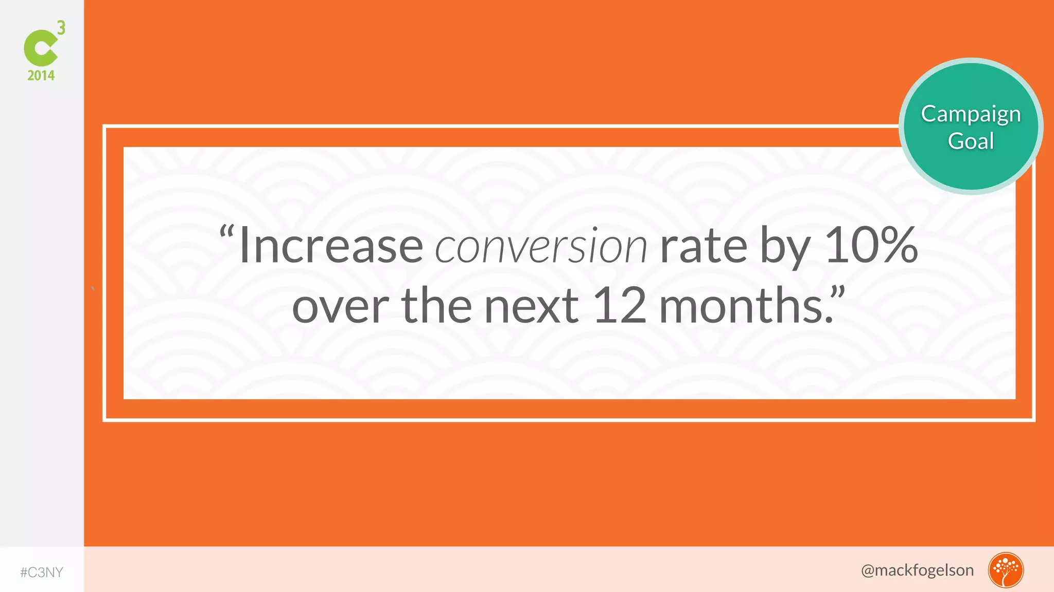 ` 
“Increase conversion rate by 10% 
over the next 12 months.” 
Campaign 
Goal 
#C3NY 
@mackfogelson 
 