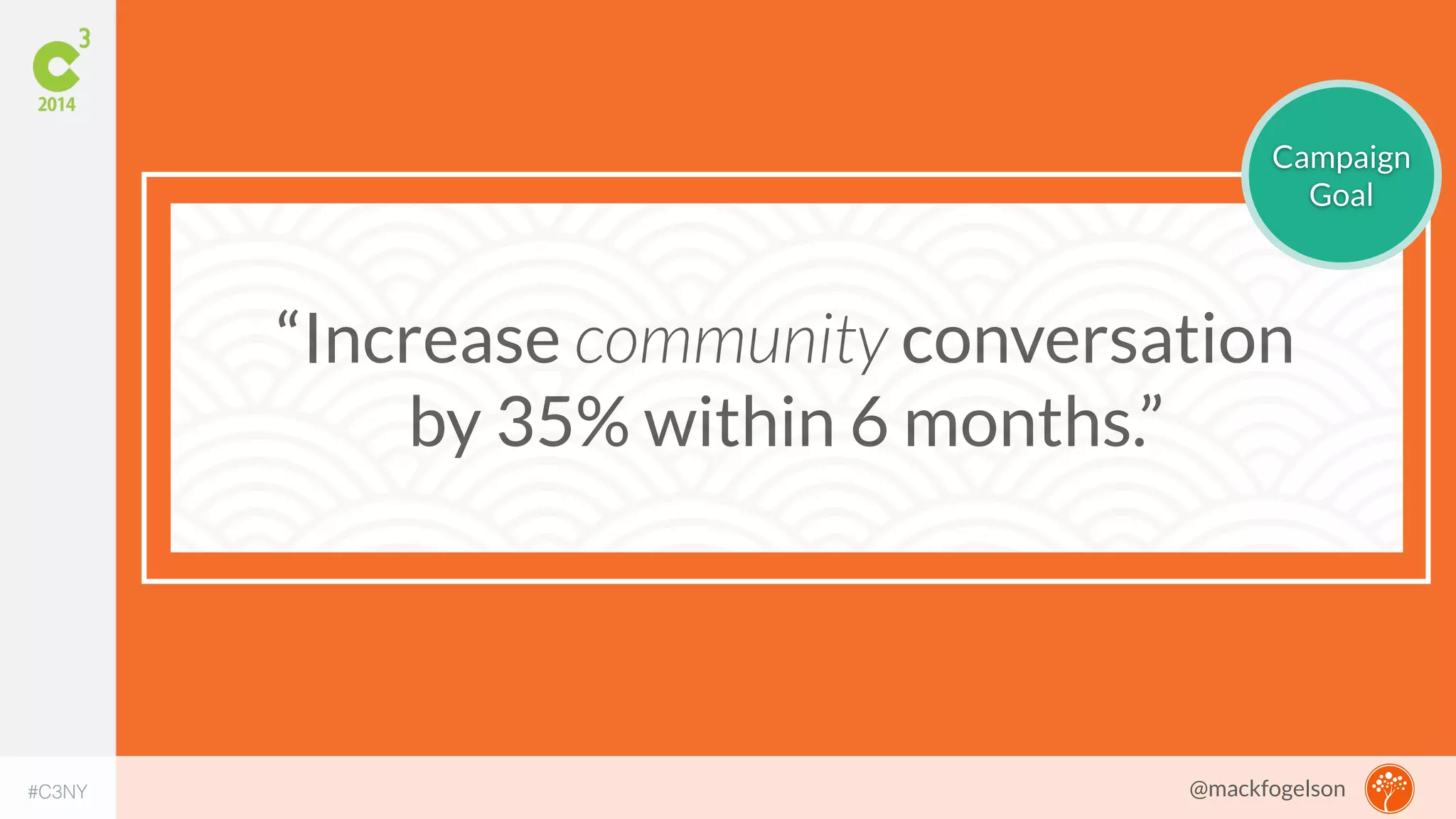 “Increase community conversation 
by 35% within 6 months.” 
Campaign 
Goal 
#C3NY 
@mackfogelson 
 