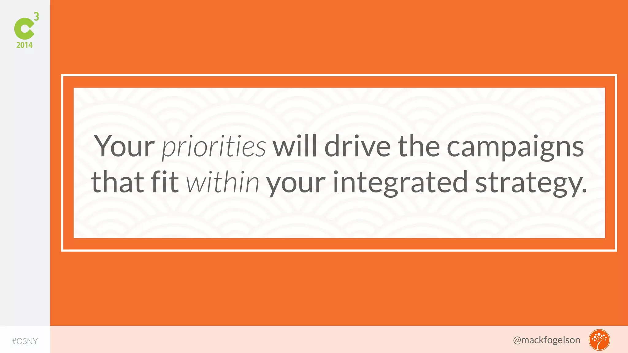 Your priorities will drive the campaigns 
that fit within your integrated strategy. 
#C3NY 
@mackfogelson 
 