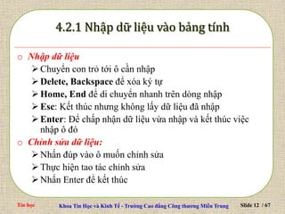 Tin học Khoa Tin Học và Kinh Tế - Trường Cao đẳng Công thương Miền Trung Slide 12 / 67
o Nhập dữ liệu
Chuyển con trỏ tới ô cần nhập
Delete, Backspace để xóa ký tự
Home, End để di chuyển nhanh trên dòng nhập
Esc: Kết thúc nhưng không lấy dữ liệu đã nhập
Enter: Để chấp nhận dữ liệu vừa nhập và kết thúc việc
nhập ô đó
o Chỉnh sửa dữ liệu:
Nhấn đúp vào ô muốn chỉnh sửa
Thực hiện tao tác chỉnh sửa
Nhấn Enter để kết thúc
 