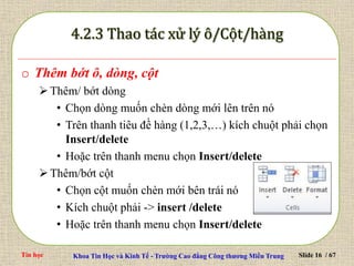 Tin học Khoa Tin Học và Kinh Tế - Trường Cao đẳng Công thương Miền Trung Slide 16 / 67
o Thêm bớt ô, dòng, cột
Thêm/ bớt dòng
• Chọn dòng muốn chèn dòng mới lên trên nó
• Trên thanh tiêu đề hàng (1,2,3,…) kích chuột phải chọn
Insert/delete
• Hoặc trên thanh menu chọn Insert/delete
Thêm/bớt cột
• Chọn cột muốn chèn mới bên trái nó
• Kích chuột phải -> insert /delete
• Hoặc trên thanh menu chọn Insert/delete
 
