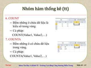 Tin học Khoa Tin Học và Kinh Tế - Trường Cao đẳng Công thương Miền Trung Slide 49 / 67
6. COUNT
– Đếm những ô chứa dữ liệu là
kiểu số trong vùng.
– Cú pháp:
COUNT(Value1, Value2,…)
7. COUNTA
– Đếm những ô có chứa dữ liệu
trong vùng.
– Cú pháp:
COUNTA(Value1, Value2,…)
 