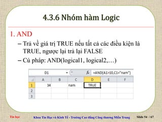 Tin học Khoa Tin Học và Kinh Tế - Trường Cao đẳng Công thương Miền Trung Slide 54 / 67
1. AND
– Trả về giá trị TRUE nếu tất cả các điều kiện là
TRUE, ngược lại trả lại FALSE
– Cú pháp: AND(logical1, logical2,…)
 