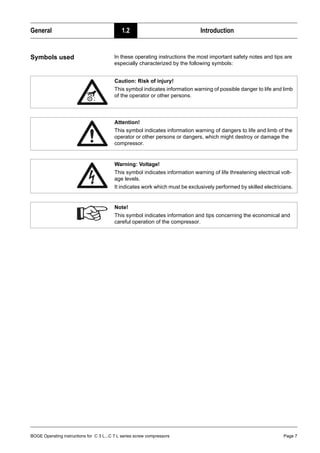 BOGE Operating instructions for C 3 L...C 7 L series screw compressors Page 7
General 1.2 Introduction
Symbols used In these operating instructions the most important safety notes and tips are
especially characterized by the following symbols:
Caution: Risk of injury!
This symbol indicates information warning of possible danger to life and limb
of the operator or other persons.
Attention!
This symbol indicates information warning of dangers to life and limb of the
operator or other persons or dangers, which might destroy or damage the
compressor.
Warning: Voltage!
This symbol indicates information warning of life threatening electrical volt-
age levels.
It indicates work which must be exclusively performed by skilled electricians.
Note!
This symbol indicates information and tips concerning the economical and
careful operation of the compressor.
 