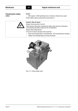 Maintenance 5.3 Regular maintenance work
Page 52 BOGE Operating instructions for C 3 L...C 7 L series screw compressors
Checking the safety
valve
Check:
– After approx. 3.000 operating hours, however, at least once a year.
Check safety valve by opening the screw plug (1).
Fig. 5.11: Check safety valve
Caution: Risk of injury!
Danger of burning due to hot oil!
Take extreme care when checking the safety valve with the compressor
running taking all safety measures into consideration.
Always wear safety gloves!
A hot air-oil mixture escapes when opening!
– Open the threaded plug (1) anticlockwise. The compressed air escapes.
– Tighten the threaded plug by turning clockwise.
 