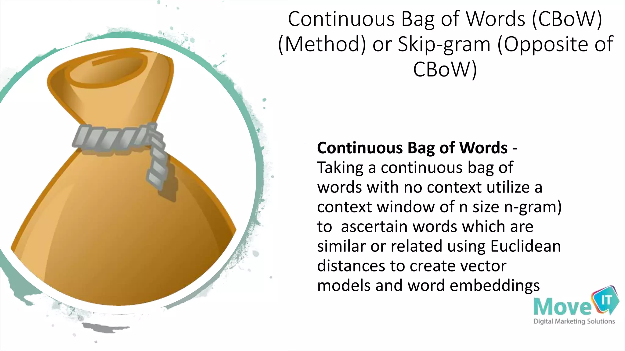 Continuous Bag of Words (CBoW)
(Method) or Skip-gram (Opposite of
CBoW)
Continuous Bag of Words -
Taking a continuous bag of
words with no context utilize a
context window of n size n-gram)
to ascertain words which are
similar or related using Euclidean
distances to create vector
models and word embeddings
 