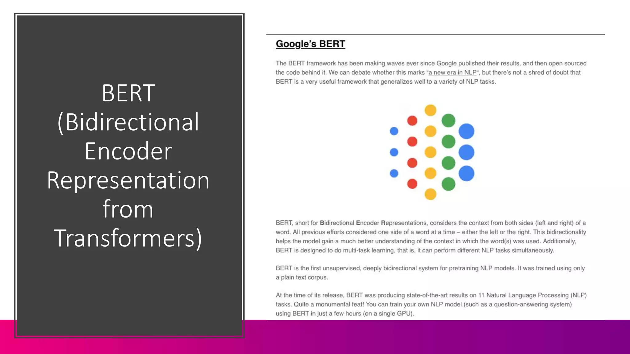 BERT
(Bidirectional
Encoder
Representation
from
Transformers)
 