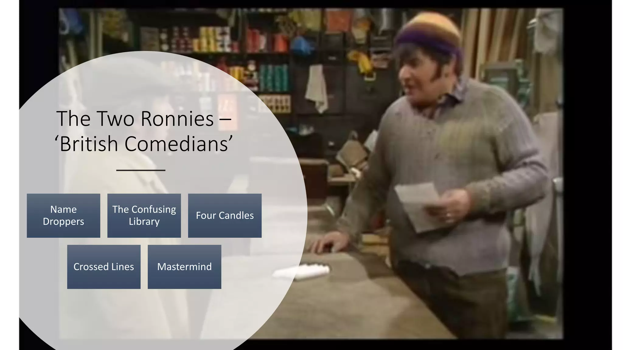 The Two Ronnies –
‘British Comedians’
Name
Droppers
The Confusing
Library
Four Candles
Crossed Lines Mastermind
 