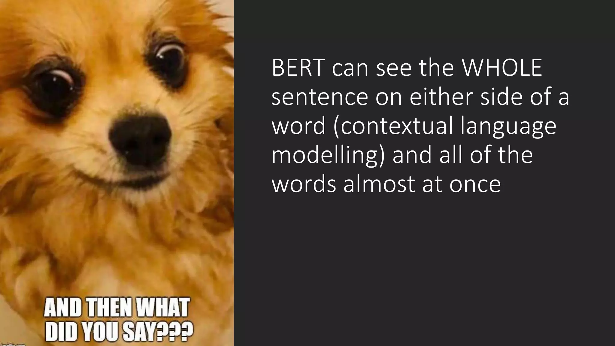 BERT can see the WHOLE
sentence on either side of a
word (contextual language
modelling) and all of the
words almost at once
 