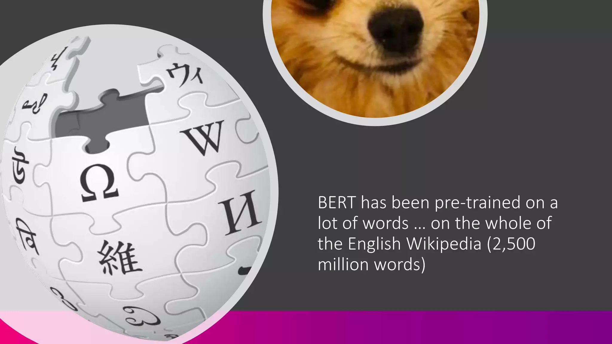 BERT has been pre-trained on a
lot of words … on the whole of
the English Wikipedia (2,500
million words)
 