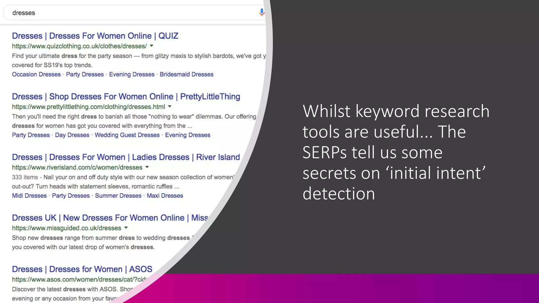 Whilst keyword research
tools are useful... The
SERPs tell us some
secrets on ‘initial intent’
detection
 