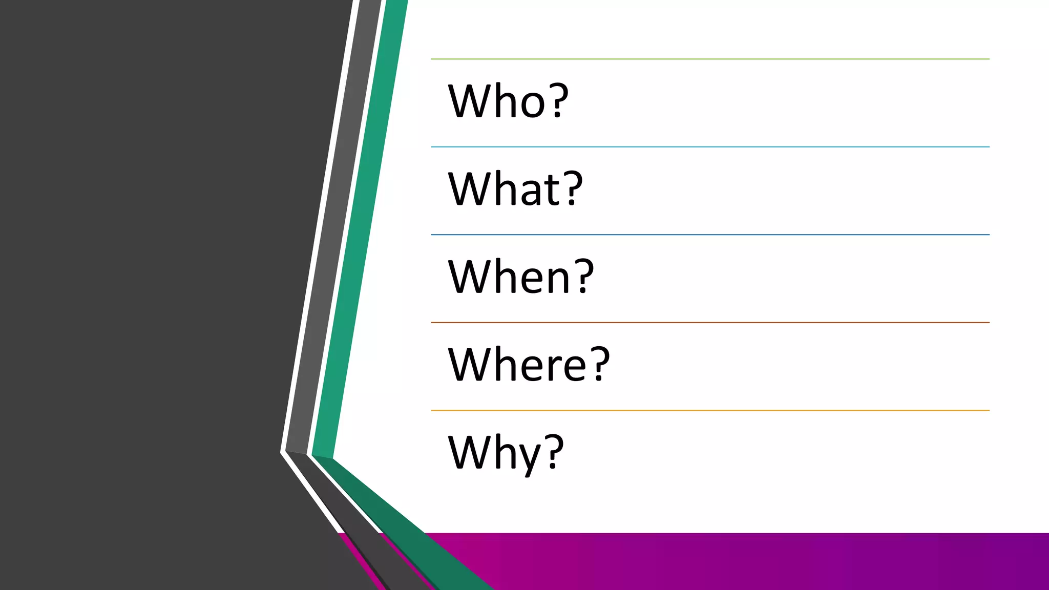 Who?
What?
When?
Where?
Why?
 