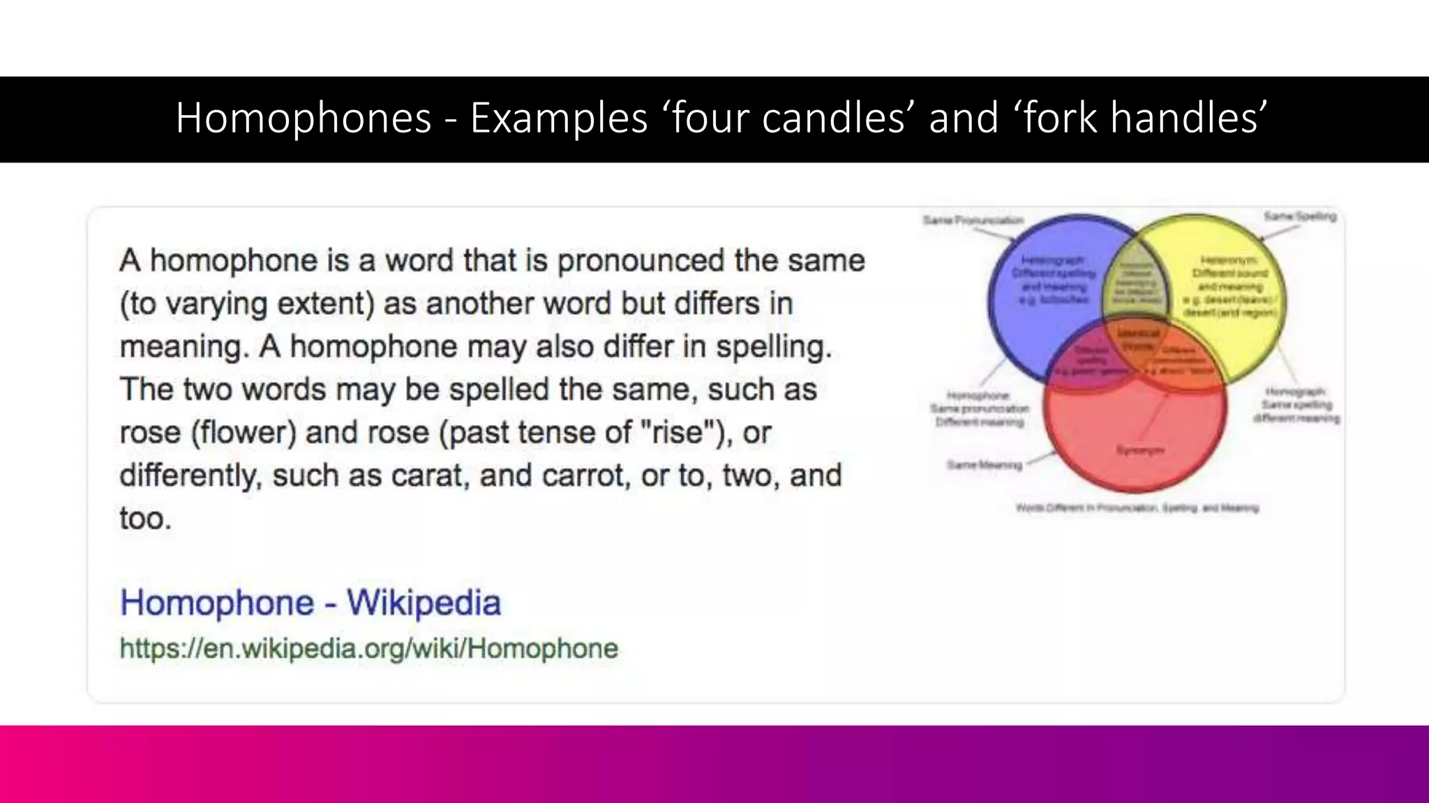 Homophones - Examples ‘four candles’ and ‘fork handles’
 