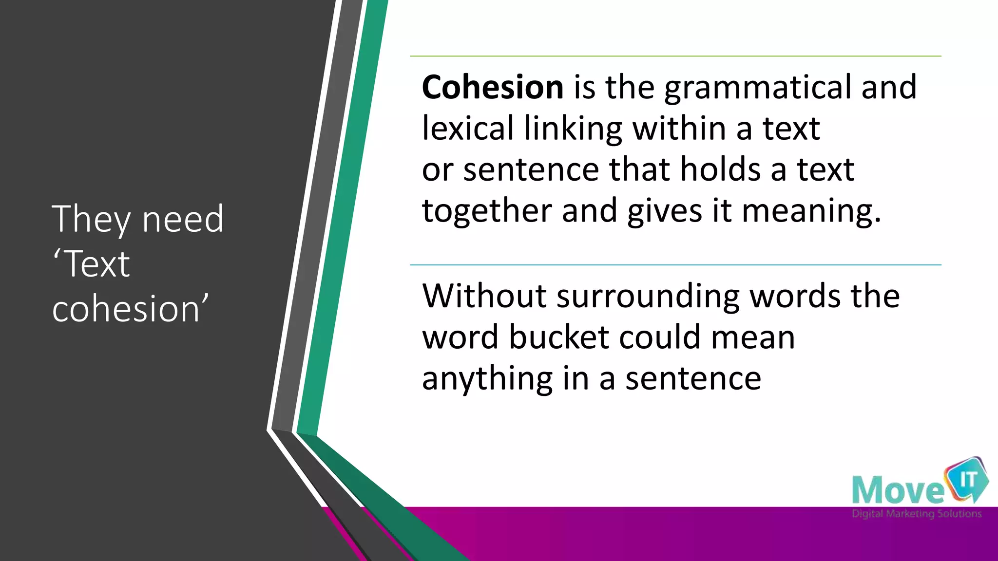 They need
‘Text
cohesion’
Cohesion is the grammatical and
lexical linking within a text
or sentence that holds a text
together and gives it meaning.
Without surrounding words the
word bucket could mean
anything in a sentence
 