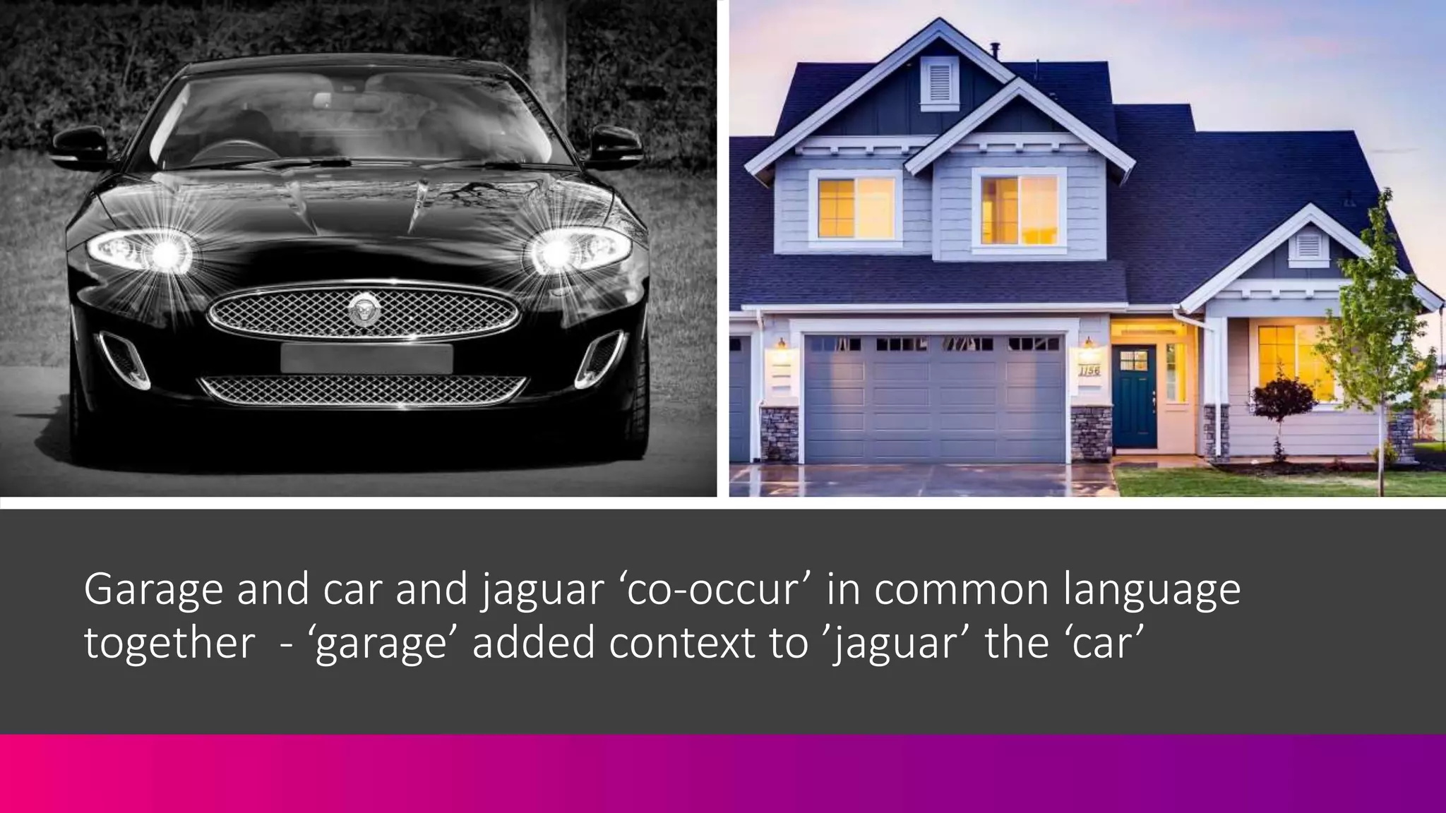 Garage and car and jaguar ‘co-occur’ in common language
together - ‘garage’ added context to ’jaguar’ the ‘car’
 