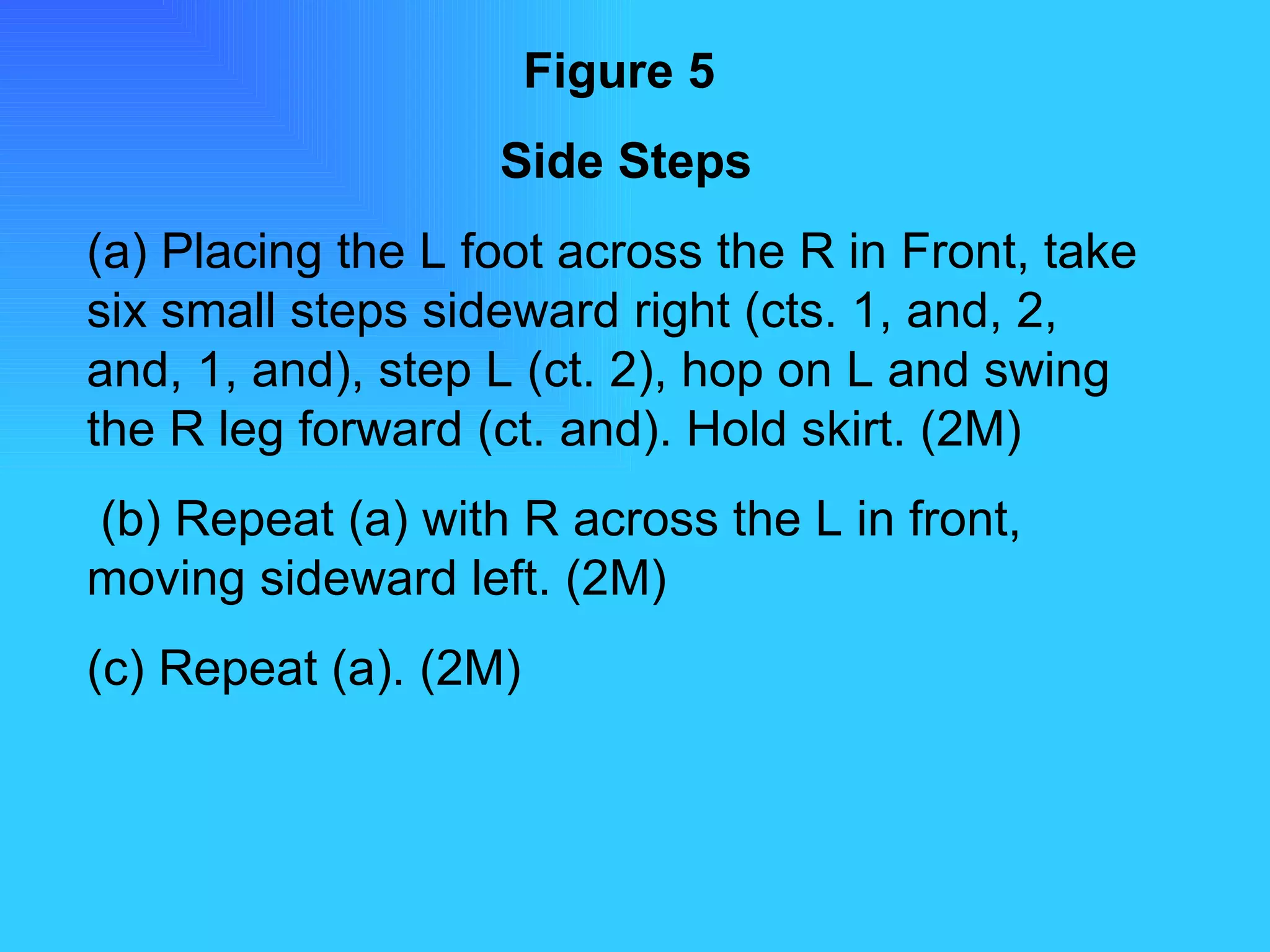 Figure 5   Side Steps (a) Placing the L foot across the R in Front, take six small steps sideward right (cts. 1, and, 2, and, 1, and), step L (ct. 2), hop on L and swing the R leg forward (ct. and). Hold skirt. (2M) (b) Repeat (a) with R across the L in front, moving sideward left. (2M) (c) Repeat (a). (2M) 