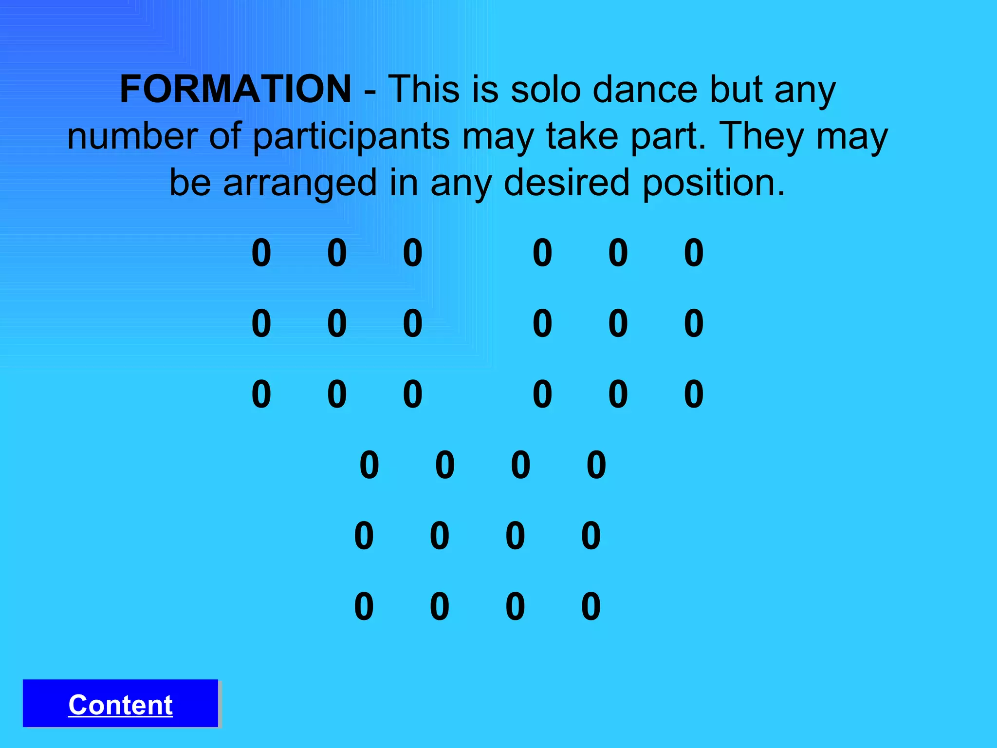 FORMATION  - This is solo dance but any number of participants may take part. They may be arranged in any desired position. 0  0  0  0  0  0 0  0  0  0  0  0 0  0  0  0  0  0   0  0  0  0 0  0  0  0 0  0  0  0 Content 