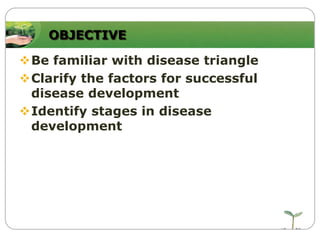 OBJECTIVE
Be familiar with disease triangle
Clarify the factors for successful
disease development
Identify stages in disease
development

 