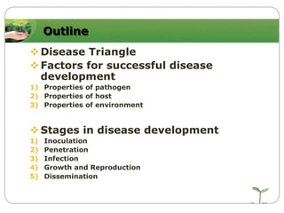 Outline
 Disease Triangle
 Factors for successful disease
development
1) Properties of pathogen
2) Properties of host
3) Properties of environment

 Stages in disease development
1)
2)
3)
4)
5)

Inoculation
Penetration
Infection
Growth and Reproduction
Dissemination

 