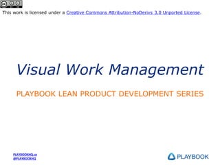 This work is licensed under a Creative Commons Attribution-NoDerivs 3.0 Unported License.

Visual Work Management
PLAYBOOK LEAN PRODUCT DEVELOPMENT SERIES

PLAYBOOKHQ.co
@PLAYBOOKHQ

 