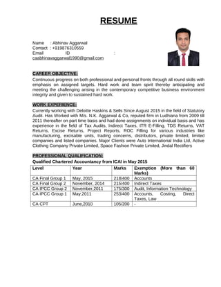 RESUME
Name : Abhinav Aggarwal
Contact : +919876310559
Email ID :
caabhinavaggarwal1990@gmail.com
CAREER OBJECTIVE:
Continuous progress on both professional and personal fronts through all round skills with
emphasis on assigned targets. Hard work and team spirit thereby anticipating and
meeting the challenging arising in the contemporary competitive business environment
integrity and given to sustained hard work.
WORK EXPERIENCE:
Currently working with Deloitte Haskins & Sells Since August 2015 in the field of Statutory
Audit. Has Worked with M/s. N.K. Aggarwal & Co, reputed firm in Ludhiana from 2009 till
2011 thereafter on part time basis and had done assignments on individual basis and has
experience in the field of Tax Audits, Indirect Taxes, ITR E-Filling, TDS Returns, VAT
Returns, Excise Returns, Project Reports, ROC Filling for various industries like
manufacturing, excisable units, trading concerns, distributors, private limited, limited
companies and listed companies. Major Clients were Auto International India Ltd, Active
Clothing Company Private Limited, Space Fashion Private Limited, Jindal Rectifiers
PROFESSIONAL QUALIFICATION:
Qualified Chartered Accountancy from ICAI in May 2015
Level Year Marks Exemption (More than 60
Marks)
CA Final Group 1 May, 2015 218/400 Accounts
CA Final Group 2 November, 2014 215/400 Indirect Taxes
CA IPCC Group 2 November,2011 175/300 Audit, Information Technology
CA IPCC Group 1 May,2011 253/400 Accounts, Costing, Direct
Taxes, Law
CA CPT June,2010 105/200 -
 