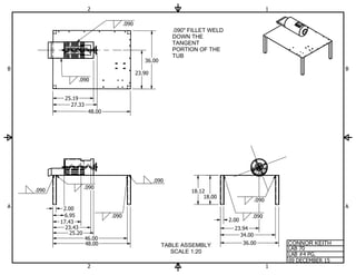 TABLE ASSEMBLY
SCALE 1:20
1
1
2
2
A A
B B
CONNOR KEITH
LAB 70
LAB #4 PG.
09 DECEMBER 15
.090
.090
.090
.090
.090
.090
.090
.090
2.00
6.95
17.43
23.43
25.20
46.00
48.00
18.00
18.12
2.00
23.94
34.00
36.00
.090" FILLET WELD
DOWN THE
TANGENT
PORTION OF THE
TUB
23.90
36.00
25.19
27.33
48.00