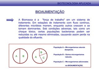 BIOAUMENTAÇÃO
A Biomassa é a "força de trabalho" em um sistema de
tratamento. Em estações de tratamento com fluxo contínuo,
diferentes micróbios morrem, enquanto outros crescem e se
tornam dominantes. Sob condições adversas, tais como um
choque tóxico, certas populações bacterianas podem ser
reduzidas ou até mesmo eliminadas, causando assim perda na
qualidade do efluente.
A B A
B
C
População A – Microrganismos naturais
desejáveis.
População B – Outros microrganismos
naturais.
População C – Microrganismos adicionados
via BIOAUMENTAÇÃO.
BIOTECNOLOGIA APLICADA
 